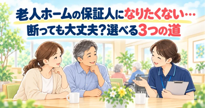 老人ホームの保証人になりたくない…断っても大丈夫？選べる3つの道。施設の相談スペースで、娘と弟が職員の説明を落ち着いて聞いている。