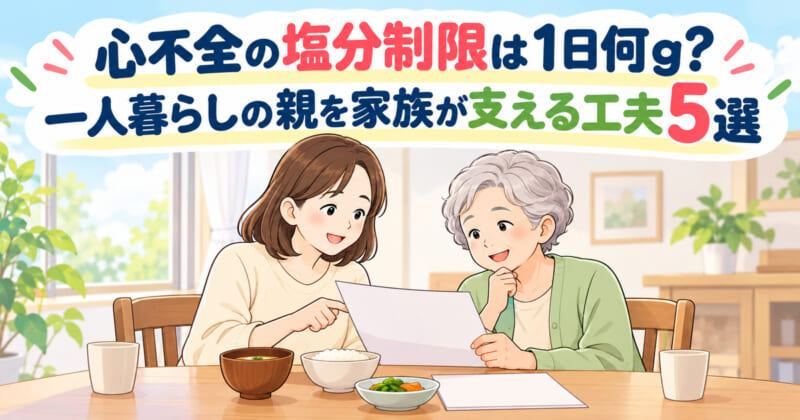 心不全の塩分制限について、母と娘が食卓で説明書を一緒に確かめる様子