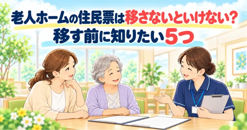 老人ホームの住民票は移さないといけない？移す前に知りたい5つ。施設の相談スペースで、娘と母が職員の説明を笑顔で聞いている。