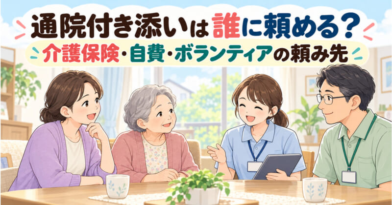 娘と高齢の母が介護職と話すイラスト。通院付き添いは誰に頼めるか、介護保険・自費・ボランティアの頼み先を示す