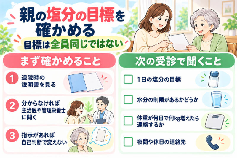 親の塩分の目標を確かめる3つの手順と、次の受診で主治医に聞くこと4つ