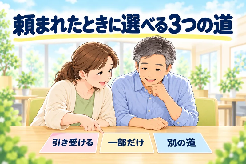 頼まれたときに選べる3つの道。娘と弟が「引き受ける」「一部だけ」「別の道」の3枚のカードを見比べている。