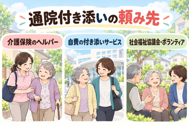 通院付き添いの頼み先3つを並べたイラスト。介護保険のヘルパー、自費の付き添いサービス、社会福祉協議会・ボランティア