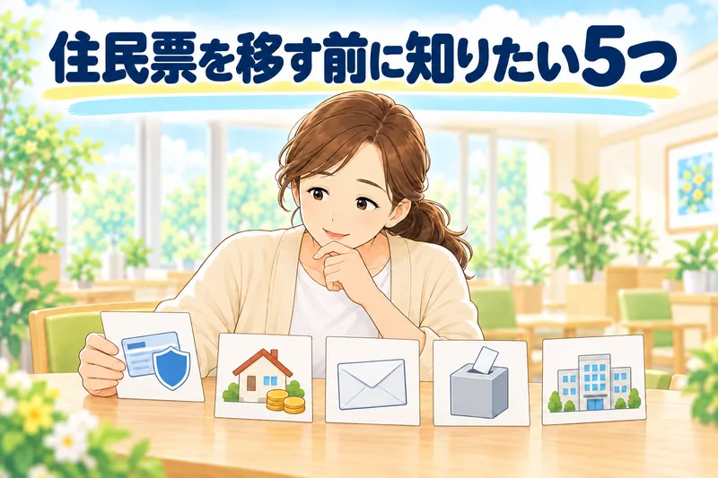 住民票を移す前に知りたい5つ。娘がテーブルで、5枚の絵カードを見比べている。