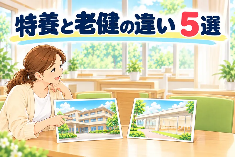 特養と老健の違い 5選。娘がテーブルで、2つの違う建物の絵カードを見比べている。