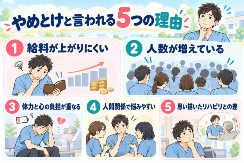 理学療法士がやめとけと言われる5つの理由の図。給料が上がりにくい、人数が増えている、体力と心の負担が重なる、人間関係で悩みやすい、思い描いたリハビリとの差