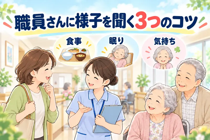 職員さんに様子を聞く3つのコツ。施設の廊下で家族が介護職員と立ち話をしている。食事・眠り・気持ちの3つの絵。