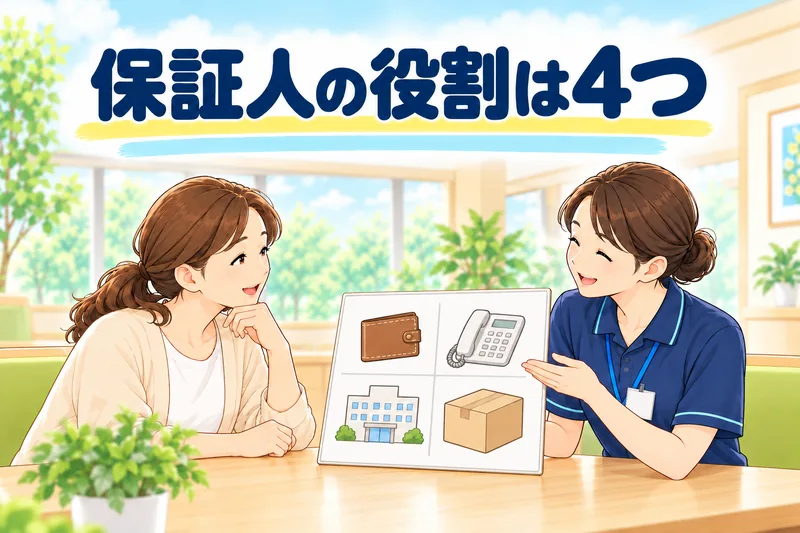 保証人の役割は4つ。職員が、お財布・電話・病院・段ボール箱の絵のボードで娘に説明している。