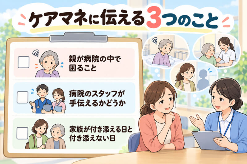 娘がケアマネジャーに相談するイラスト。親が病院の中で困ること、病院のスタッフが手伝えるか、家族が付き添える日と付き添えない日