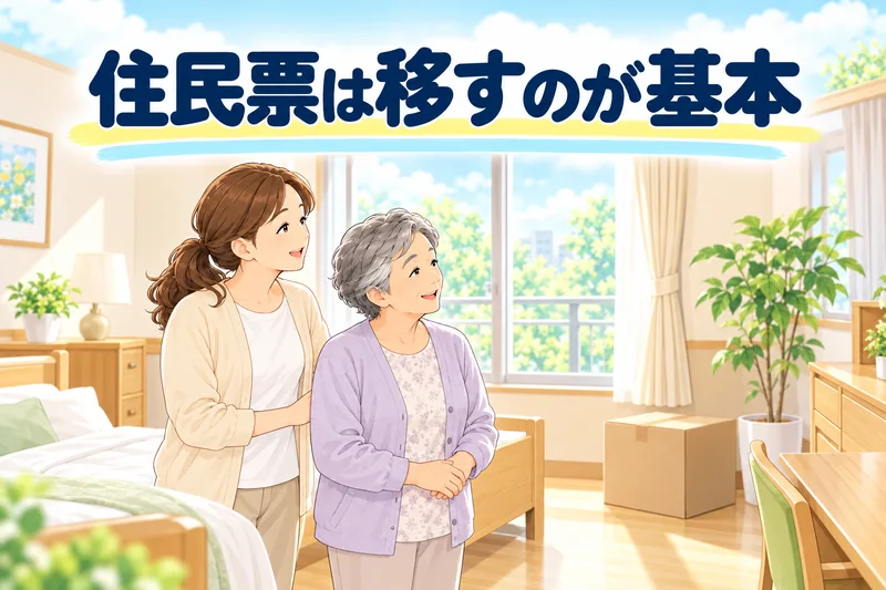 住民票は移すのが基本。娘と母が、施設の新しい部屋を窓辺で見回している。