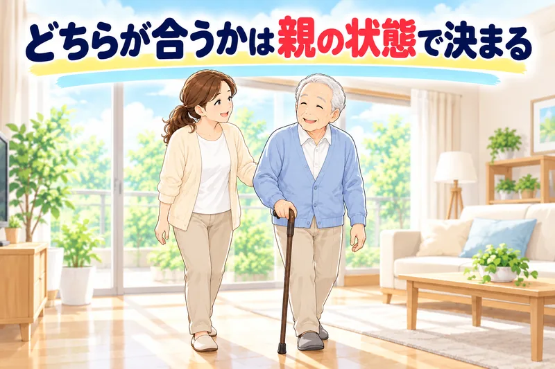 どちらが合うかは親の状態で決まる。家のリビングで、娘が杖をついて穏やかに歩く父を見守りながら考えている。
