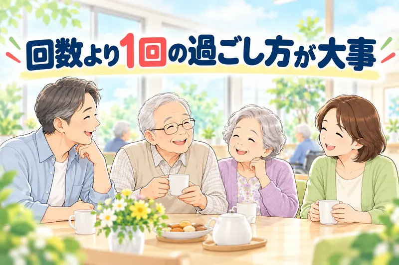 回数より1回の過ごし方が大事。施設で家族と両親が一緒にお茶を飲みながら笑顔で話している。