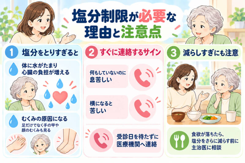 塩分のとりすぎで起きること、すぐに連絡するサイン、減らしすぎの注意点