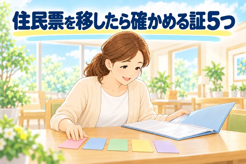 住民票を移したら確かめる証5つ。娘が色ちがいの5枚のカードを、ファイルに整理している。