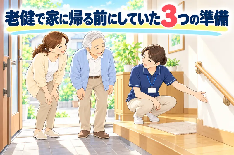 老健で家に帰る前にしていた3つの準備。自宅の玄関で、職員と父と娘が、玄関の段差と手すりを一緒に確かめている。