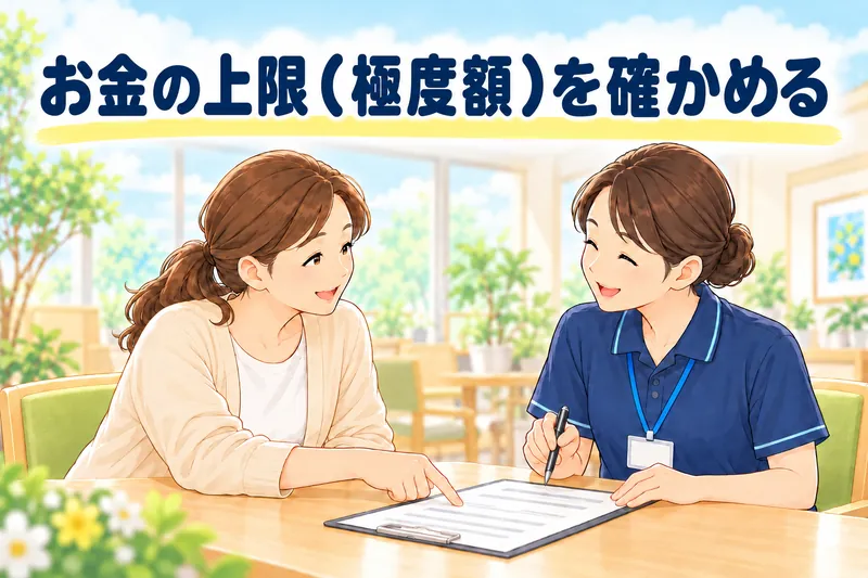 お金の上限（極度額）を確かめる。娘が契約書の一か所を指さし、職員がうなずいている。