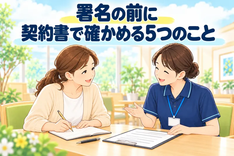 署名の前に、契約書で確かめる5つのこと。娘がメモを取りながら、職員の説明を聞いている。