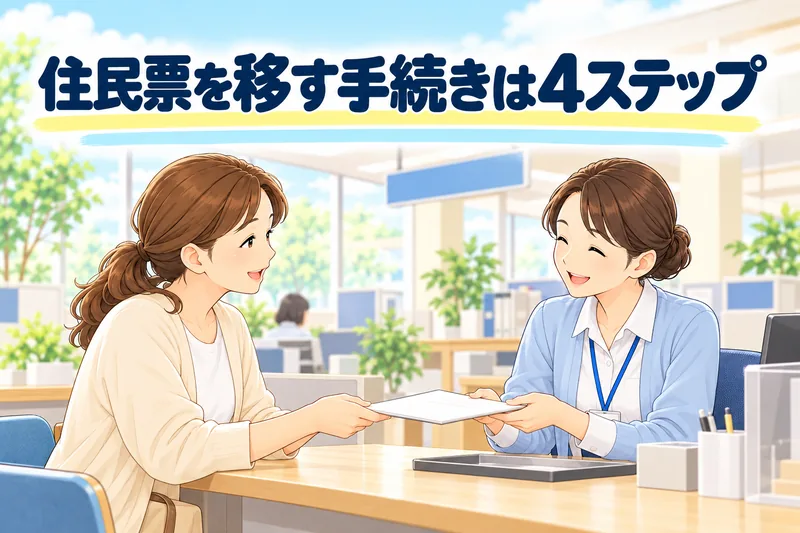 住民票を移す手続きは4ステップ。娘が市役所の窓口で、職員に書類を出している。