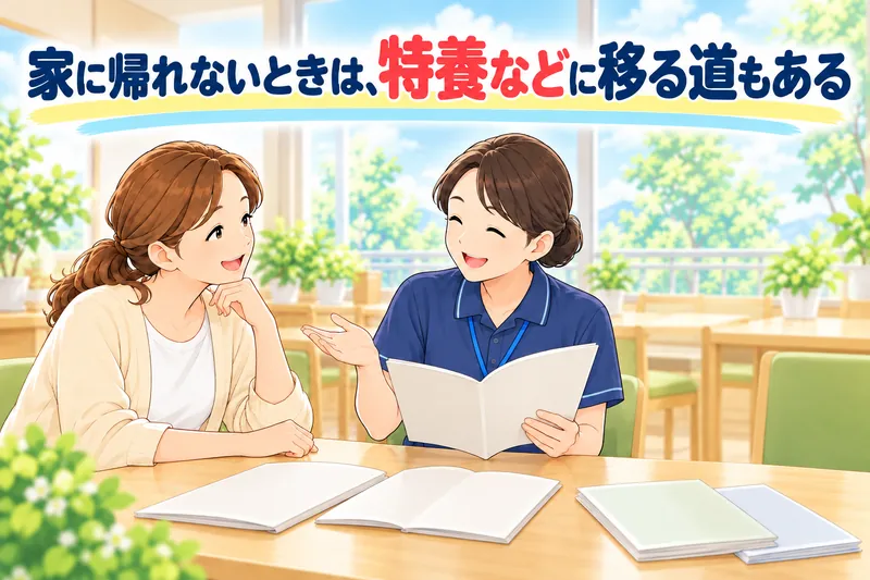 家に帰れないときは、特養などに移る道もある。施設の相談スペースで、娘が職員と、無地のパンフレットを見比べている。