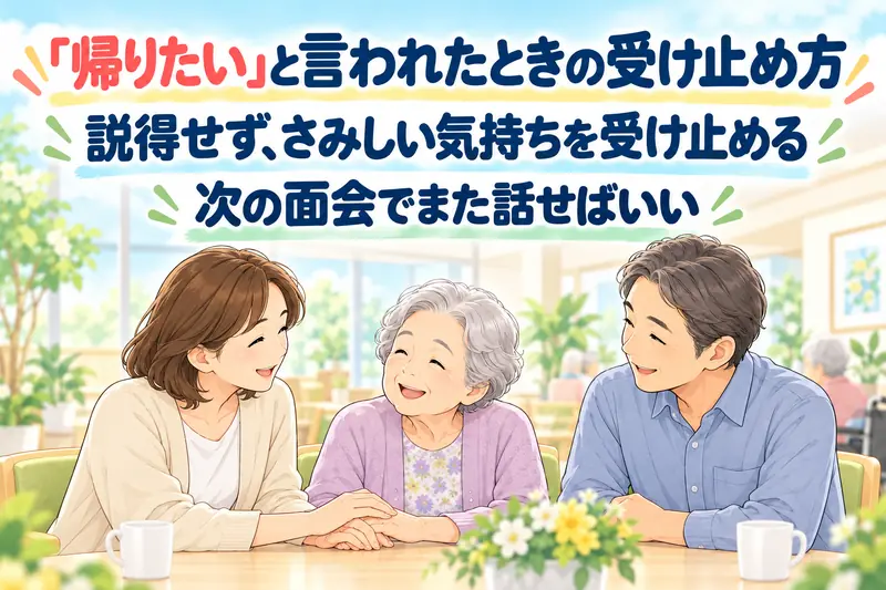 「帰りたい」と言われたときの受け止め方。説得せず、さみしい気持ちを受け止める。次の面会でまた話せばいい。家族が母の手に手を重ねて話を聞いている。