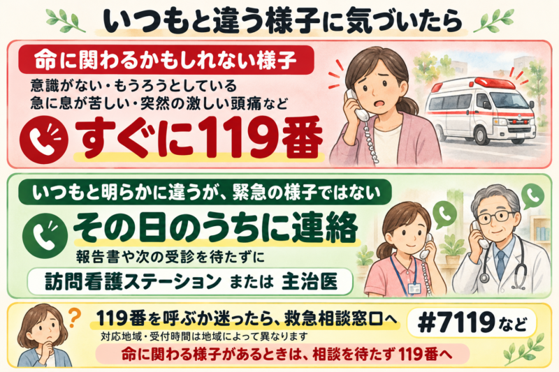 意識がない・もうろうとしている、急な息苦しさ、突然の激しい頭痛など、命に関わる様子はすぐ119番へ。緊急の様子ではなくても、いつもと明らかに違う場合は、その日のうちに訪問看護ステーションか主治医へ連絡。判断に迷う場合は#7119などへ相談する。