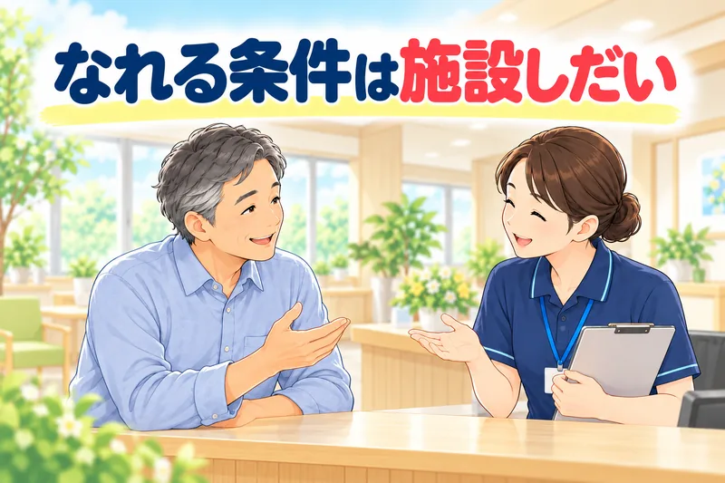 なれる条件は施設しだい。弟が施設の受付で、職員に質問している。