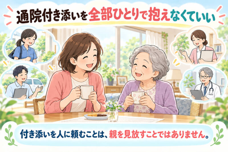 自宅でお茶を飲みながら笑い合う娘と高齢の母のイラスト。付き添いを人に頼むことは、親を見放すことではありません