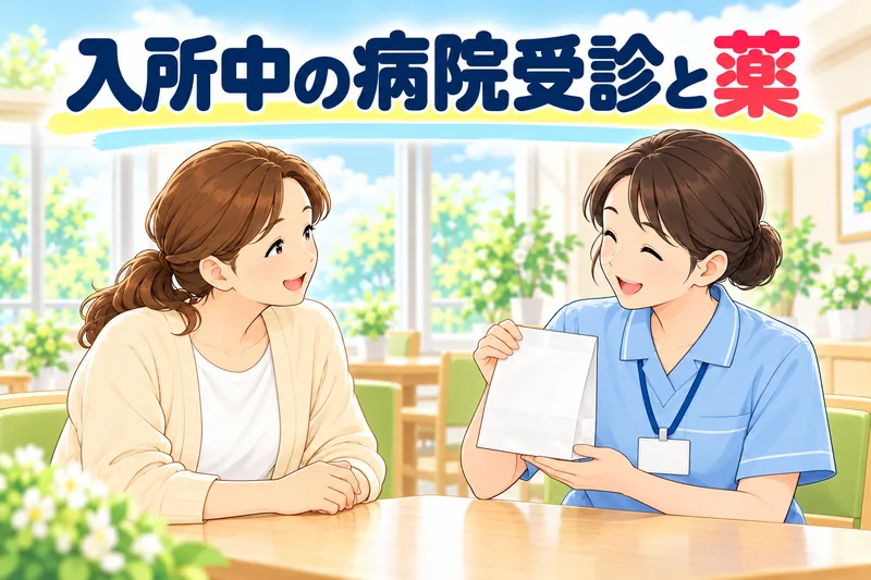 入所中の病院受診と薬。施設の明るい部屋で、看護師が娘に、無地の薬の袋を見せながら説明している。