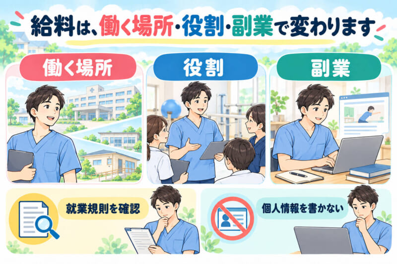 理学療法士の給料が変わる3つの要素の図。働く場所、役割、副業。副業の前に就業規則を確認し、個人情報を書かない