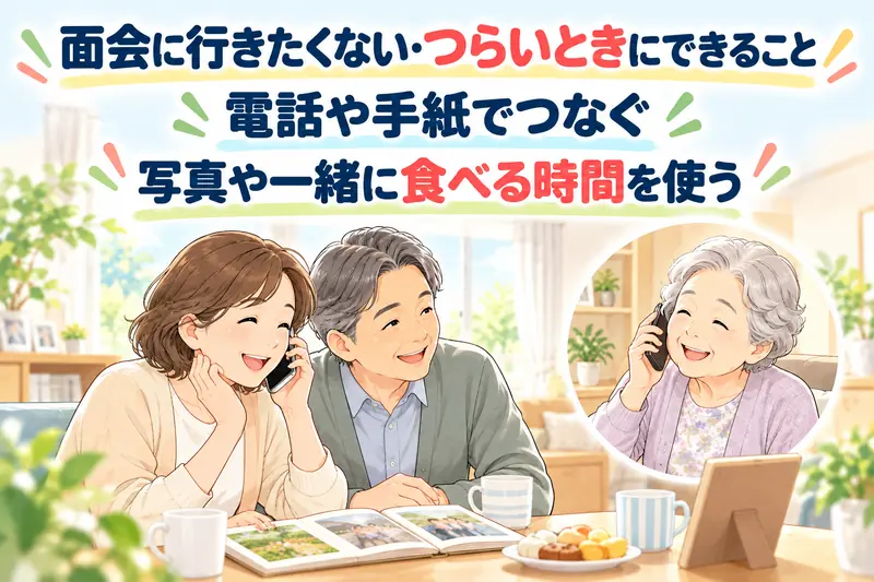 面会に行きたくない・つらいときにできること。電話や手紙でつなぐ。写真や一緒に食べる時間を使う。家族が自宅から母と電話をしている。