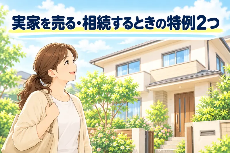 実家を売る・相続するときの特例2つ。娘が実家の前で、家を見上げている。