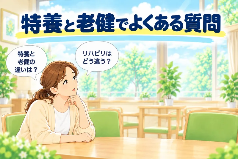 特養と老健でよくある質問。娘が「特養と老健の違いは？」「リハビリはどう違う？」と考えている。