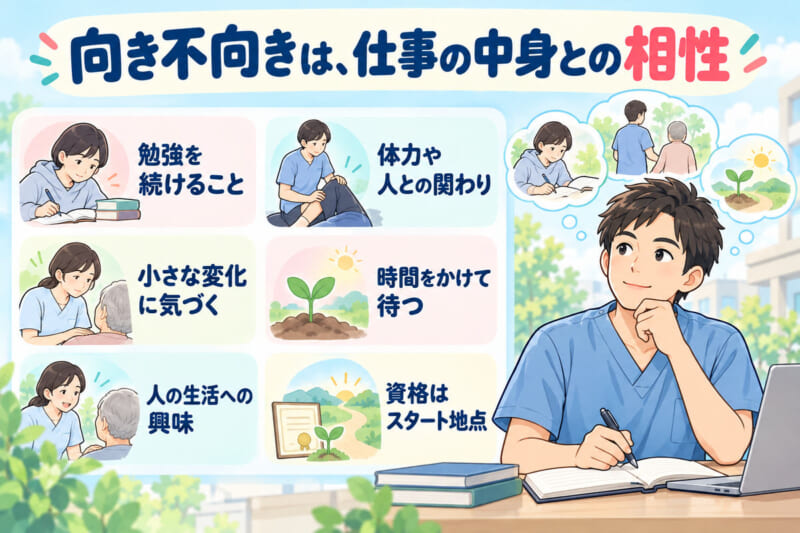 理学療法士の向き不向きを考える視点の図。勉強を続けること、体力や人との関わり、小さな変化に気づく、時間をかけて待つ、人の生活への興味、資格はスタート地点