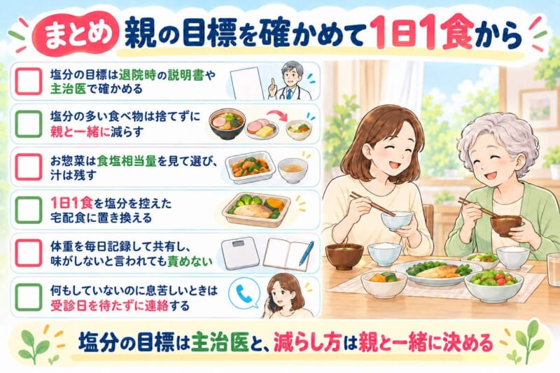 心不全の塩分制限のまとめ：親の目標を確かめて1日1食から