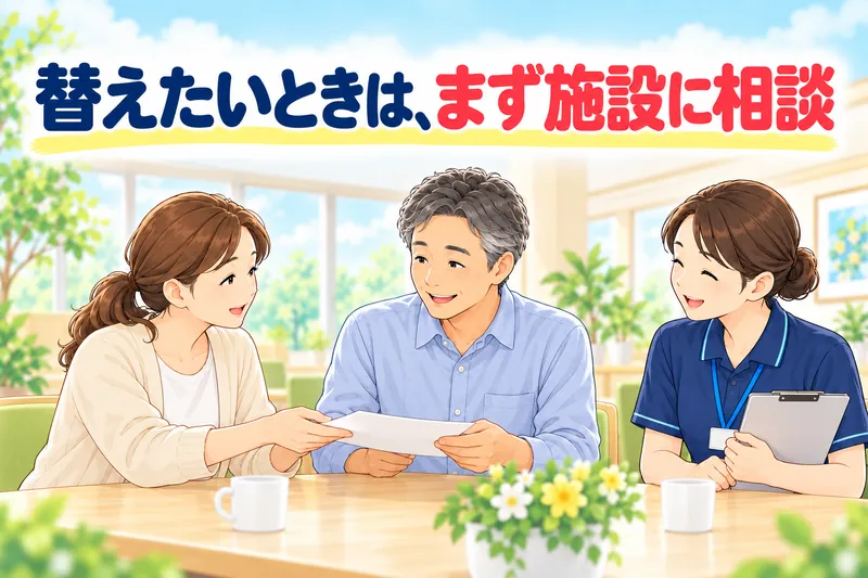 替えたいときは、まず施設に相談。娘が弟に書類を手渡し、職員が同席している。
