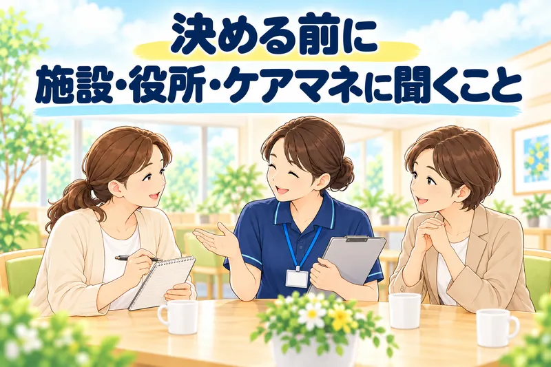 決める前に、施設・役所・ケアマネに聞くこと。娘がメモを手に、施設の職員とケアマネに質問している。