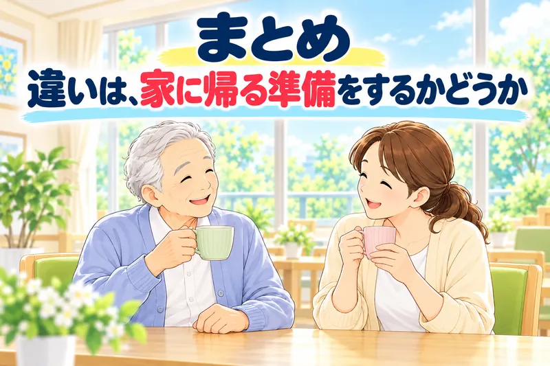 まとめ 違いは、家に帰る準備をするかどうか。明るい窓辺で、父と娘がお茶を手に笑顔で過ごしている。