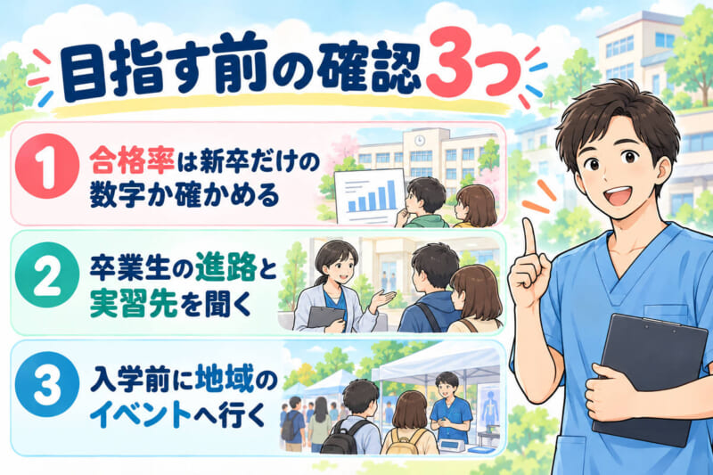 理学療法士を目指す前の確認3つの図。合格率は新卒だけの数字か確かめる、卒業生の進路と実習先を聞く、入学前に地域のイベントへ行く