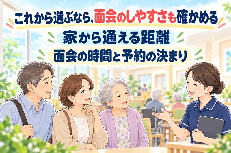 これから選ぶなら、面会のしやすさも確かめる。家から通える距離、面会の時間と予約の決まり。家族が施設を見学し、介護職員の説明を聞いている。