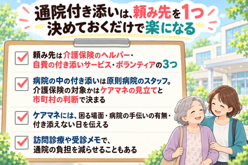 笑顔の娘と高齢の母のイラストと、まとめのチェックリスト。頼み先は3つ、病院の中の付き添い、ケアマネに伝えること、通院の負担を減らす方法