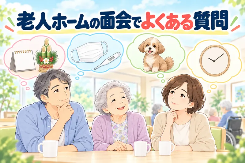 老人ホームの面会でよくある質問。家族と母が、年末年始・風邪・ペット・面会の時間のことを考えている。