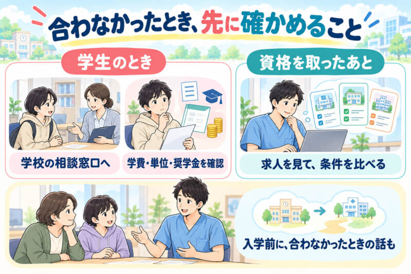 理学療法士が合わなかったときに確かめることの図。学生のときは学校の相談窓口へ行き、学費・単位・奨学金を確認。資格を取ったあとは求人を見て条件を比べる