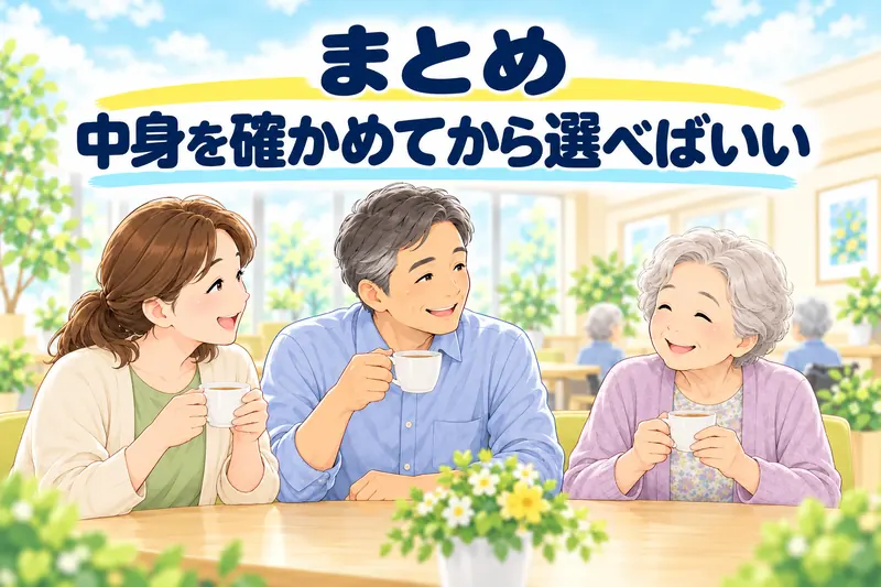 まとめ。中身を確かめてから選べばいい。施設の窓辺で、娘・弟・母が笑顔でお茶を飲んでいる。