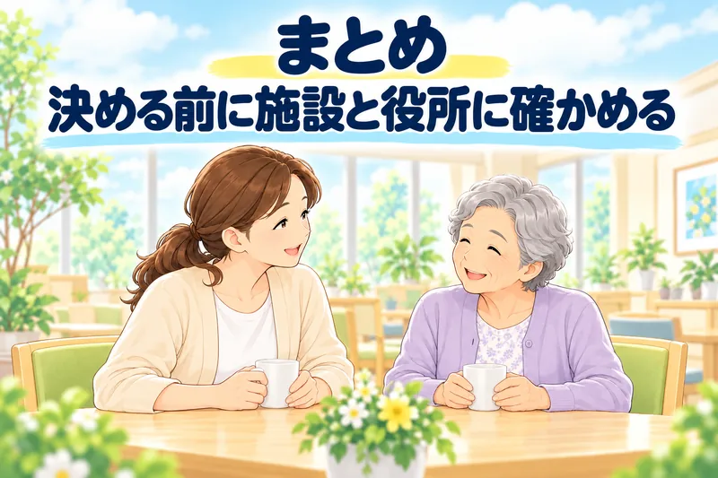 まとめ。決める前に施設と役所に確かめる。施設の窓辺で、母と娘が笑顔でお茶を飲んでいる。