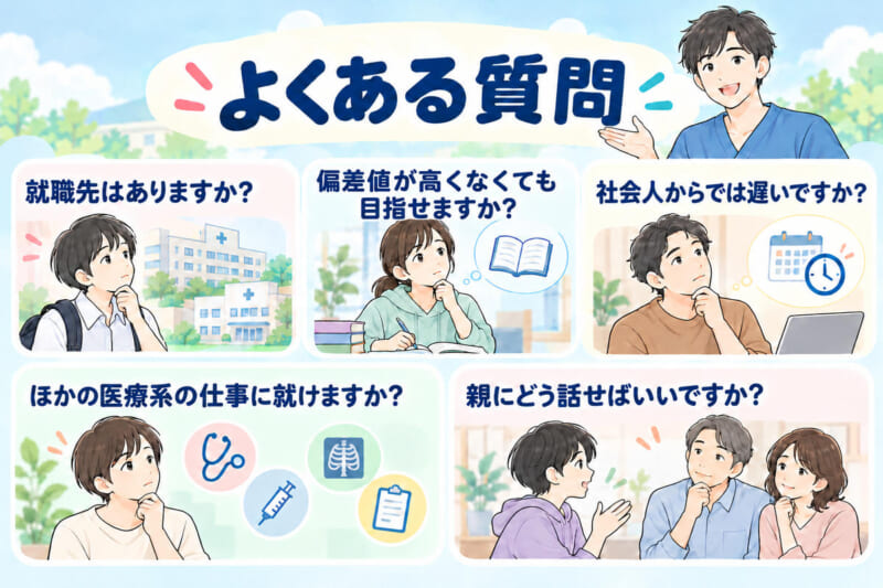 理学療法士のやめとけでよくある質問5つの図。就職先はあるか、偏差値が高くなくても目指せるか、社会人からでは遅いか、ほかの医療系の仕事に就けるか、親にどう話すか