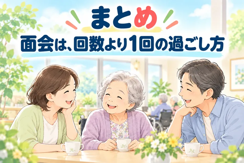 まとめ。面会は、回数より1回の過ごし方。施設の窓辺で、家族と母が笑顔でお茶を飲んでいる。
