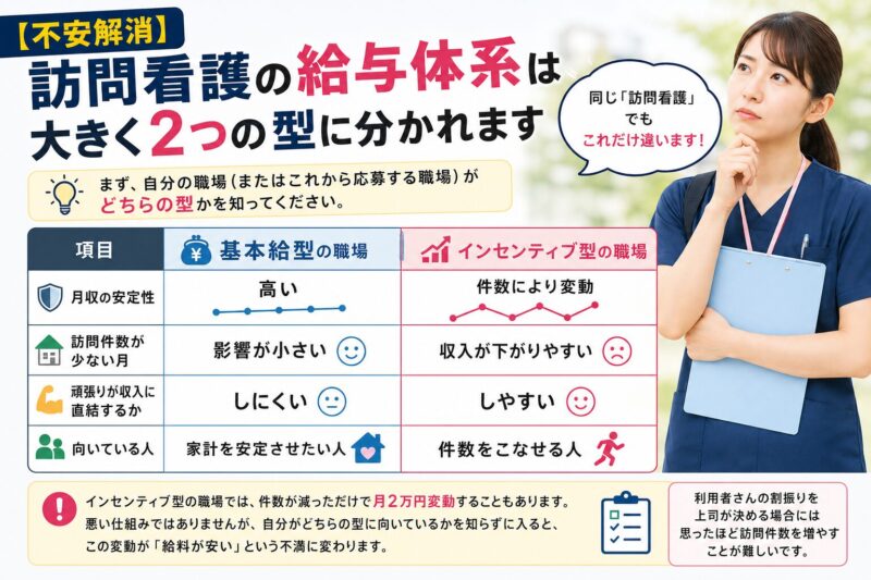 訪問看護の給与体系は大きく2つの型に分かれます