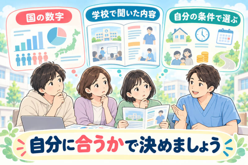 国の数字、学校で聞いた内容、自分の条件を見比べて話し合う家族と理学療法士の図。自分に合うかで決めましょう