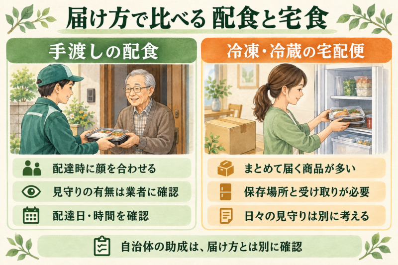 手渡し配食は見守りの有無と配達日時、冷凍・冷蔵宅配便は保存場所と受け取りを確認する。