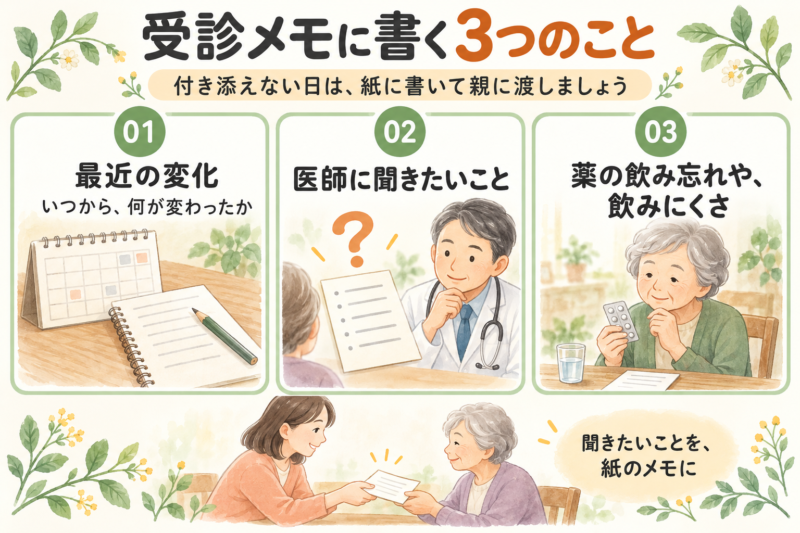 親の通院に付き添えない日に渡す受診メモの3項目。最近の変化（いつから、何が変わったか）、医師に聞きたいこと、薬の飲み忘れや飲みにくさを紙に書いて、親に持って行ってもらう。